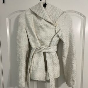 BCBG Maxazria wrap coat in white.